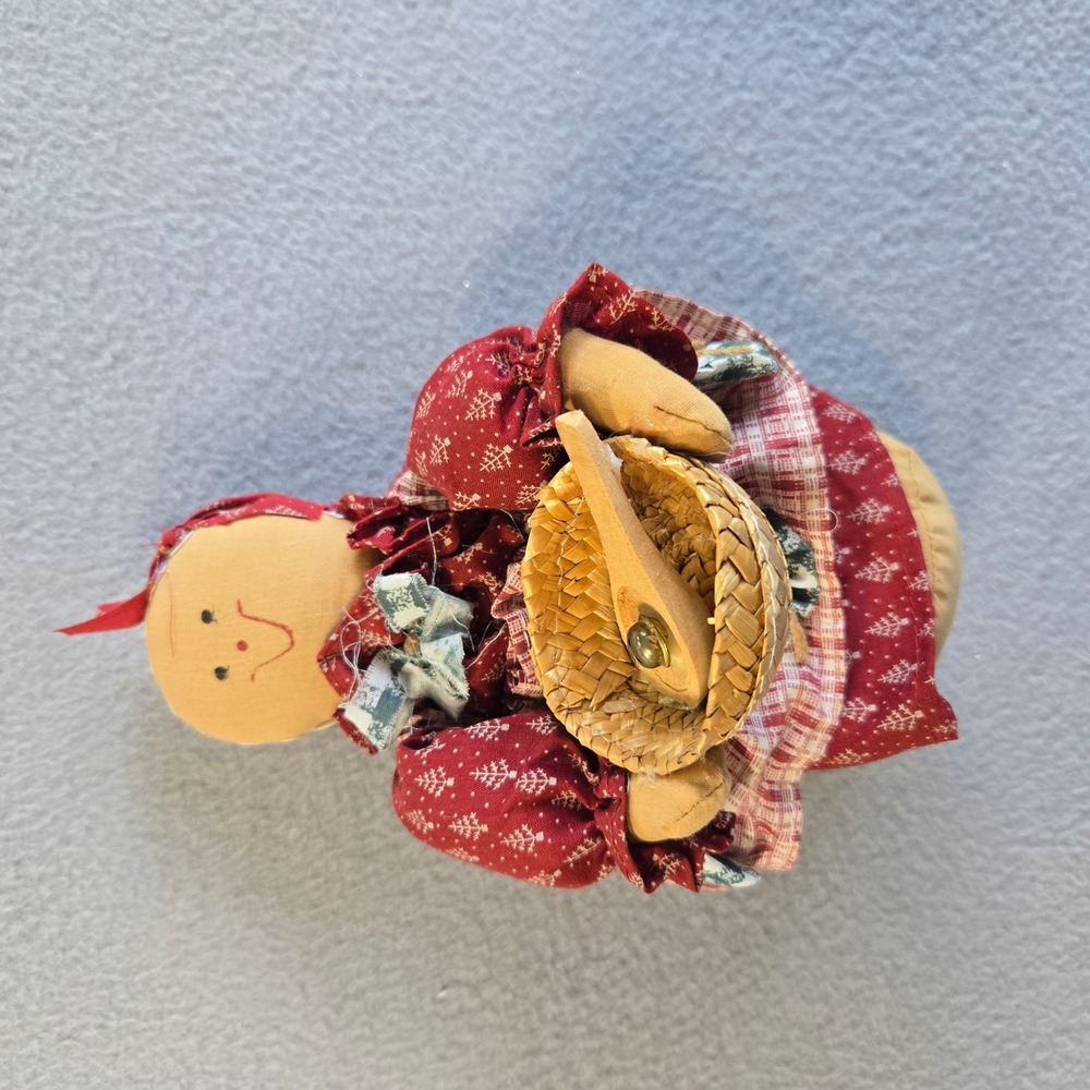 Terry's Village Cloth Doll Female 8.5" Red Primitive Farmhouse Basket Spoon